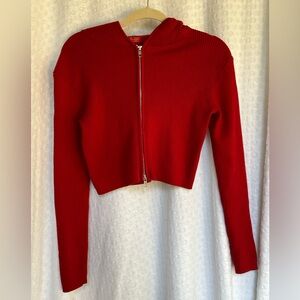 Woman’s Ribbed Knit Zip up Hooded Dark Red Sweater